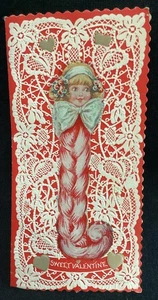 Vintage Valentines Day Christmas crossover greeting card candy cane Stick 1930s - Picture 1 of 3