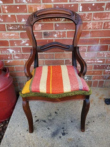 Vintage Striped Upholstered Seat Chair Carved Back Bentwood Walnut Cover