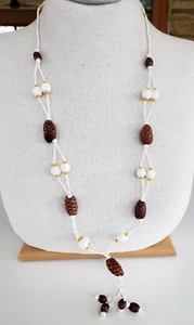 Vintage Pinecone White Yellow Glass Pony Bead Tassel Necklace 30" Claspless - Picture 1 of 8