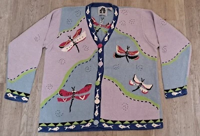 STORYBOOK KNITS Dragonflies Ramie Beaded Embroidered Cardigan Sweater 1XL Purple - Image 1 of 4