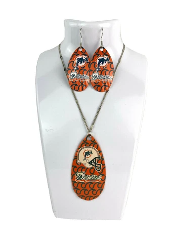 Miami Dolphins Orange Logo Vintage Teardrop Spinner Earrings &/ Necklace Set Cover