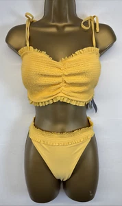 Hollister Bikini Yellow Co-ord Ruffle Bandeau High Leg Bottoms XL UK 14 - Picture 1 of 12