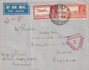 INDIA WW2 AIRMAIL to GB CENSORED at PESHAWAR 1939