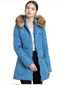 Valuker Women XS X SMALL Blue Bell Down Coat Faux Fur Parka Puffer Jacket - Picture 1 of 5