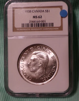 1938 CANADA SILVER $1 DOLLAR...NGC MS-62...LOW   MINTAGE....SHINY - Image 1 of 4