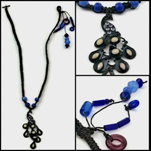COLLANA PAVONE girocollo macramè NERO blu artigianale BOHO hippie FESTIVAL nuova - Foto 1 di 16
