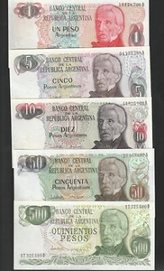 LOTE X 5 BILLETES DE ARGENTINA DIFERENTES 1-5-10-50-500 PESOS SC / UNC - Picture 1 of 2