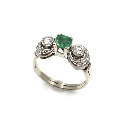 14kt Weißgold Ring Smaragd Diamanten Art Deco 585 Gold Schmuck Emerald 18.1mm 57 - Bild 1 von 4