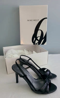 NINE WEST Black Leather HEELS Size 5 M Sandals Shoes 3.5" - Image 1 of 4
