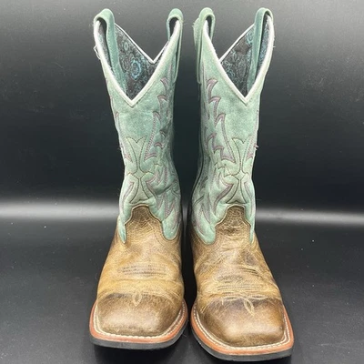 Botas de cowgirl ocidentais femininas 6 LAREDO Anita marrom couro verde-azulado biqueira quadrada - Imagem 1 de 4
