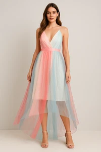 Damen Pastell Tüll High-Low Maxikleid Regenbogen V-Ausschnitt Sommer Anlass Kleid - Bild 1 von 5