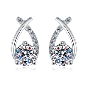 #76 Moissanite 1CT Criss Cross Stud Earrings 925 Sterling Silver - Picture 1 of 6
