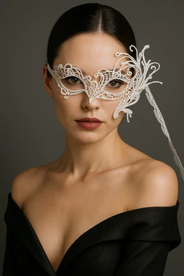 White Lace Venetian Masquerade Mask Elegant Bridal Costume Ball Eye Mask 552 - Image 1 of 4