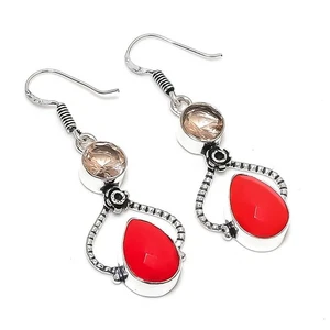 Red Coral & Morganite Gemstone 925 Sterling Silver Jewelry Earring Size 2" - Picture 1 of 1