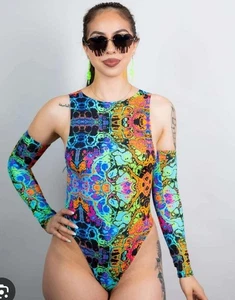 Body tuta Freedom Rave Wear Lucidity copertura extra sideboob neon nuova con etichette taglia 2X - Foto 1 di 11
