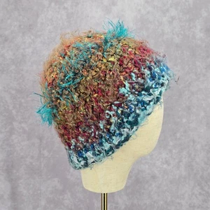 Blue Funky Vintage Y2K Bucket Beanie Skater Brown Fringe Knit Crochet Whimsy Hat - Picture 1 of 5