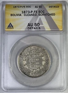 1873-P, FE 50 Centavos Bolivia ANACS AU 50 Details - Picture 1 of 2