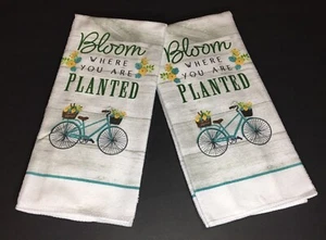 New Set of 2 Microfiber Kitchen Towels Teal Bicycle Bloom Where You Are Planted - Picture 1 of 3