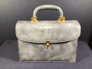 Vintage Meyers Made in USA Hard Case Blue Dark Grey Patent Leather Purse - Picture 1 of 11