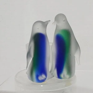 Partylite Penguin Tealight Candle Holder Frosted Clear Blue Green Glass 5” X 4” - Picture 1 of 8