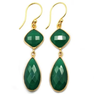 Green Onyx Pear Cushion Shape Gold Plated Earrings Gifts Her - Picture 1 of 1