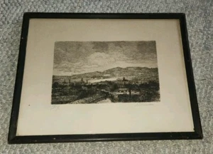 Antike Radierung Druck Landschaft Stadtbild signiert gerahmt - Bild 1 von 6