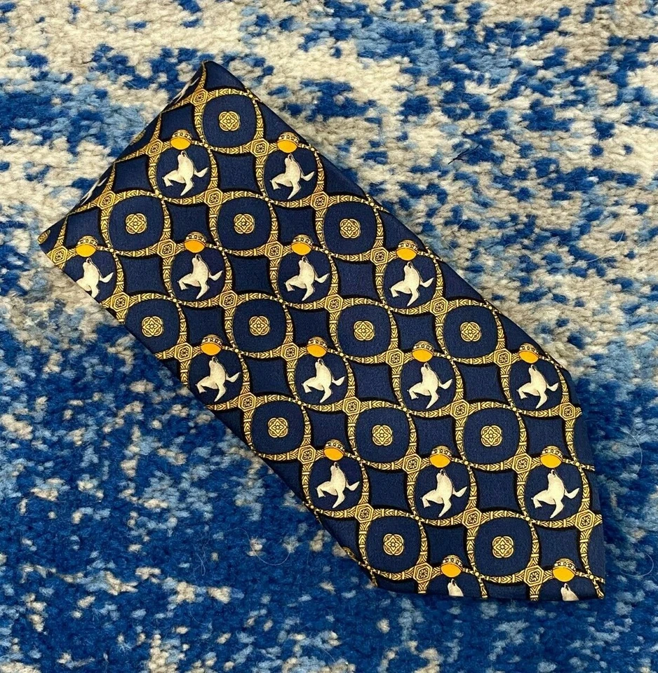 Pierre Balmain винтажный печати синий оранжевый золотой серый черный атласный шелковый галстук Италии - Изображение 1 из 4