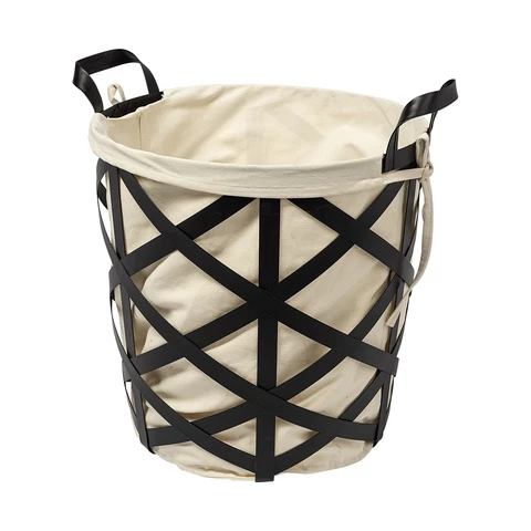 Black Woven Metal Basket With Cream Fabric Liner Cover