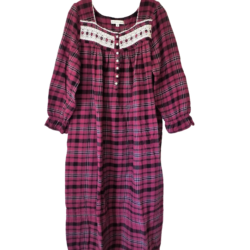 Camisón Eileen West Talla Mediana Púrpura Franela a Cuadros Algodón Rayón Encaje Casa de Campo Foto 1 de 4