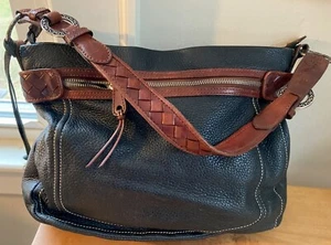 Vintage Classic BRIGHTON Black Leather SHOULDER BAG W/Brown Woven Strap& Accents - Picture 1 of 11