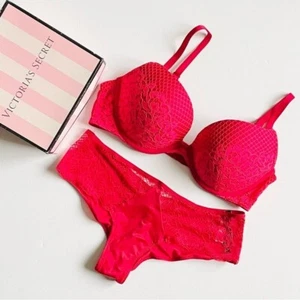 36C MEDIANO Victoria’s Secret rojo pushup sujetador conjunto bragas descaradas - Imagen 1 de 7