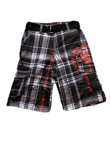 John Cena Never Give Up Cena Shorts Boys 14 Plaid Black & Orange w/Black Belt - Picture 1 of 6