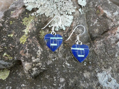 Handcrafted Lapis & Opal Southwestern Sterling Silver 925 Heart Earrings NEW D97 - Изображение 1 из 4