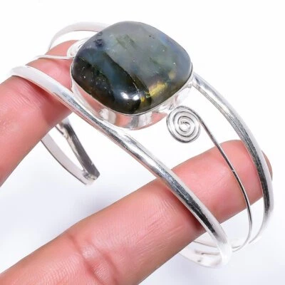 Natural Labradorite Gemstone 925 Sterling Silver Cuff Bracelet Adst. q414 - Image 1 of 4