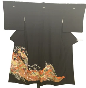 Kimono Tomesode japonés vintage poliéster flor negra escudo familiar altura 62 pulgadas - Imagen 1 de 23