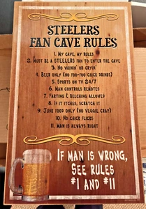 Pittsburgh Steelers NFL Man Cave Fan Cave Rules Wood Sign 10" x 16" - Picture 1 of 1