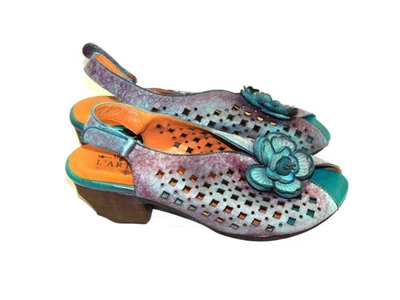 Spring Step Sz 41 10 Lovella Blue Purple Sandals Floral Slingback Heels Leather - Image 1 of 4