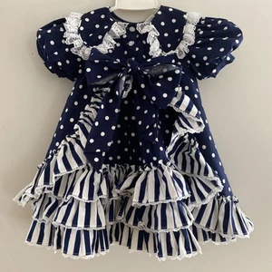 VTG Mini World Navy Blue Short Sleeve DRESS Size 3T Full Circle Dots Stripe - Picture 1 of 17