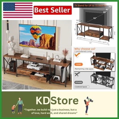 Soporte de TV marrón rústico de 63 pulgadas con cajones de tela y estantes abiertos Foto 1 de 4