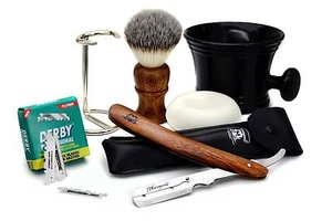 MAQUINILLA DE AFEITAR RECTA PARA HOMBRES CEPILLO DE MANGO DE MADERA + MAQUINILLA DE AFEITAR, SOPORTE, HOJA, TAZA Y JABÓN - Imagen 1 de 8
