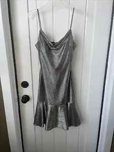 Nightway Metallic Flounce Midi Dress Size 8 Silver Cowl Neck Spaghetti Strap - Picture 1 of 4