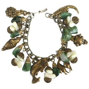Pulsera asiática verde y blanco de jade y latón vintage años 40/50 - Imagen 1 de 9