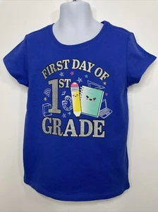 Girl’s T-Shirt Blue S/P, 5/6 “First Day of 1st Grade” Glitter Short Sleeves - Picture 1 of 12