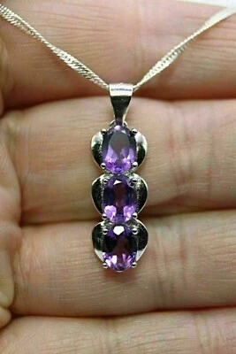 Silver Pendant Purple Amethyst Genuine Natural Gems Solid Sterling With Chain - Image 1 of 4