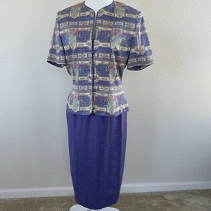 Vintage Adrianna Papell Purple 2 Pc Silk Suit Set Sz 6 Button Top & Pencil Skirt - Picture 1 of 22