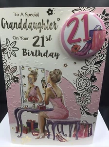 21ST GRANDDAUGHTER BIRTHDAY WITH BADGE CARD 9"X6" AGE 21 GRANDAUGHTER - Picture 1 of 5