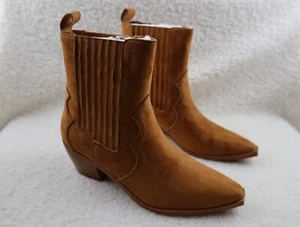 Coutgo Womens Camel Western Pointed Toe Ankle Booties Chunky Stacked Heel Size 8 - Picture 1 of 6