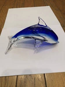 Glass Art Blue White Clear Dolphin Figurine Decorative Paperweight Murano Style - Picture 1 of 3