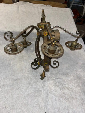 Antique wrought iron chandelier - Rewired - Hand Painted floral leaf design Cover