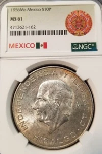 1956 MEXICO SILVER 10 PESOS S10P HIDALGO NGC MS 61 GOOD LUSTER NICE TONING - Picture 1 of 3